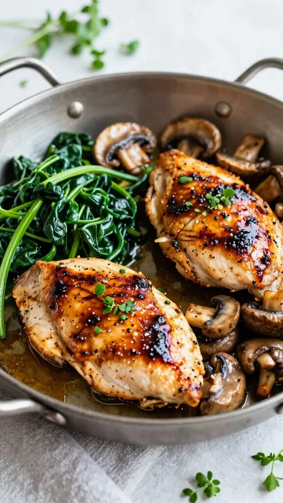 18 One-Pan Chicken Recipes for Easy Cleanup - 15. Balsamic Chicken with Spinach and Mushrooms 1
