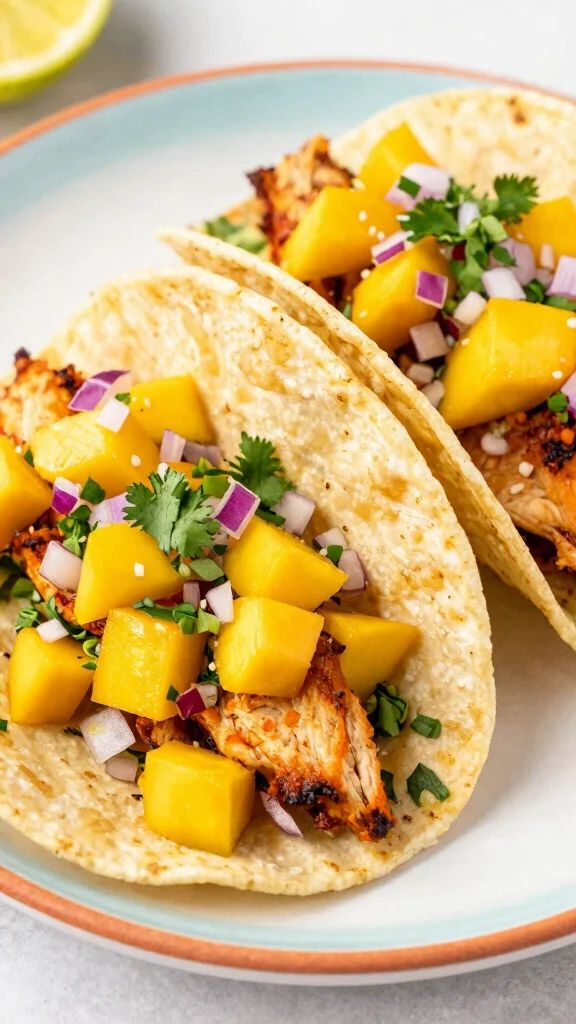 19 Chicken Taco and Burrito Recipes for Taco Tuesday - 12. Chicken and Mango Salsa Tacos 1