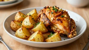 Crispy Roast Potatoes and Garlic Chicken for a Cozy Dinner at Home